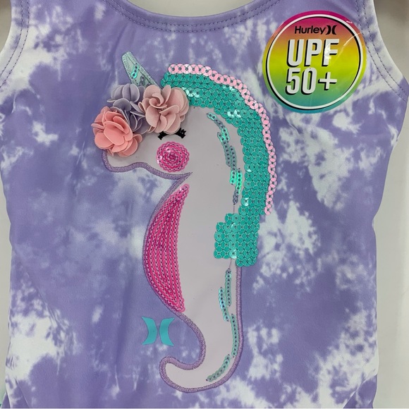 Hurley NWT Baby Girl Purple Tie Dye Unicorn Ruffle Leg One Piece Swim Suit, 24M - Picture 3 of 15